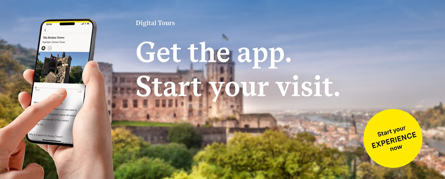 Motiv: Staaliche Schlösser und Gärten Baden-Württemberg, Illustration: JUNG:Kommunikation GmbH Heidelberg Castle, advertising banner for the app "Monument BW"